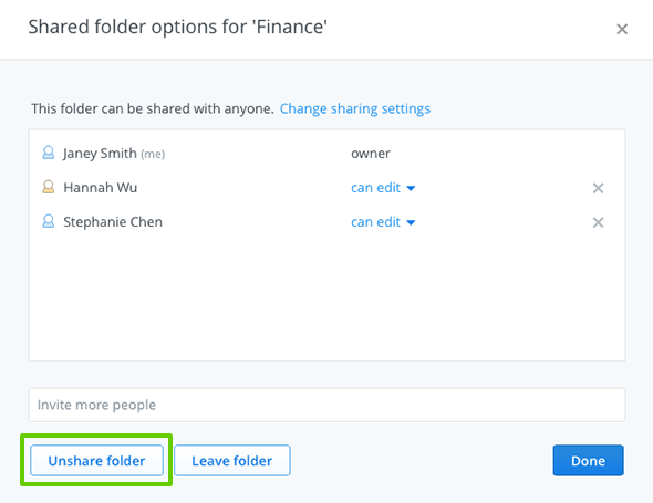 Unshare folder button